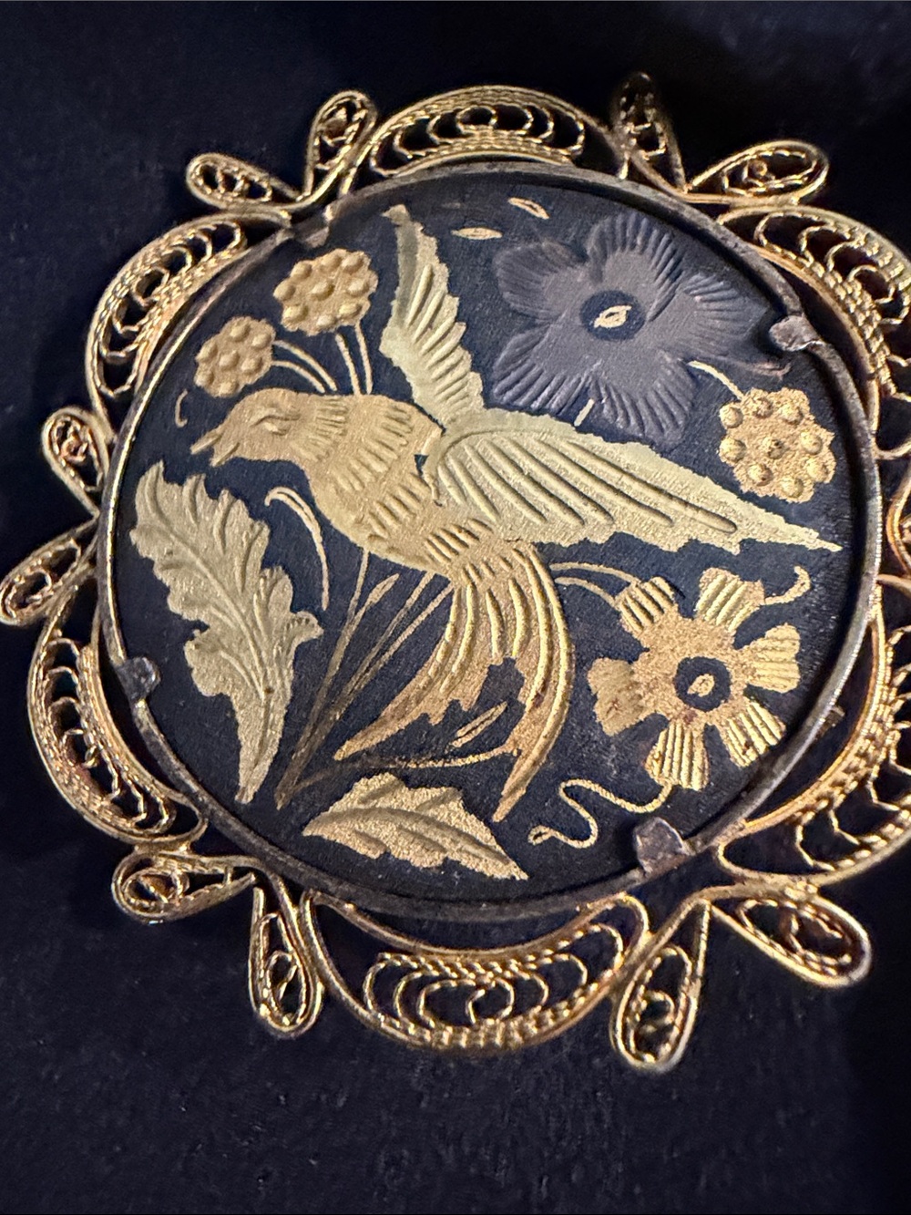 Vintage Gold and Black Floral Bird Brooch